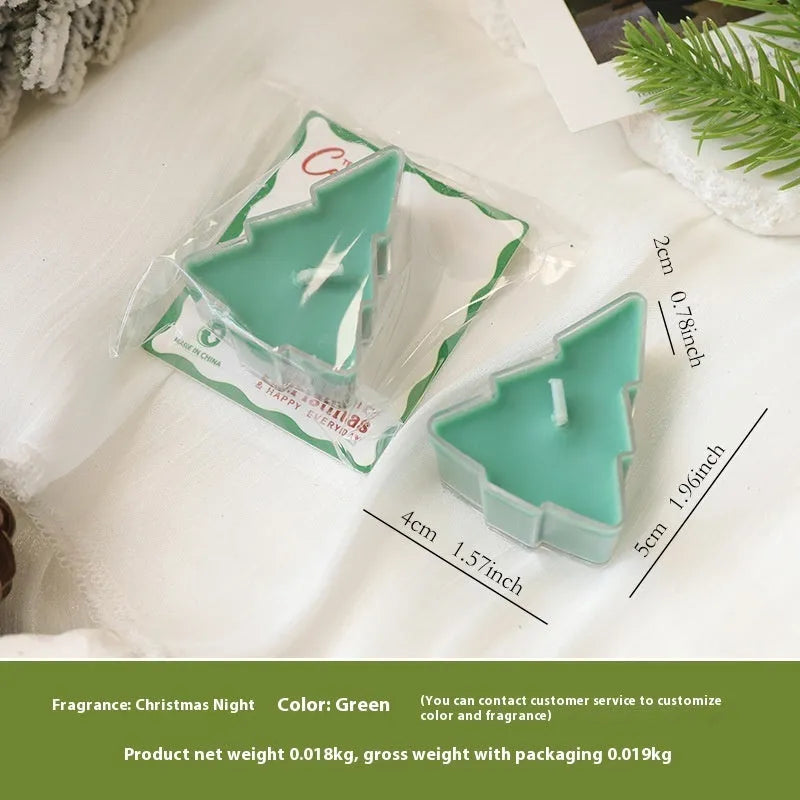 Hand-poured Christmas tea wax candle in cup shape with soy wax blend, available in tree, bell, moon, and leaf designs.