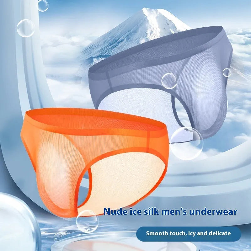 Men's ultra-thin seamless ice silk underwear briefs in striped colours on a white background.