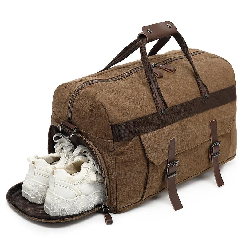 Large capacity canvas crossbody travel bag in European American retro style with sewing line details