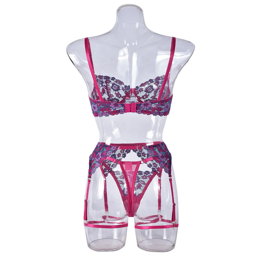 Rose red women's bikini set with embroidered and colour contrast design
