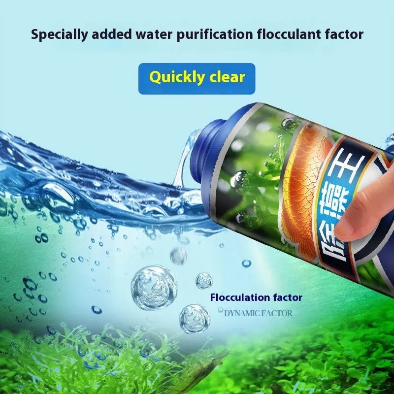Three bottles of concentrated fish tank algaecide in 300ml, 700ml, and 1100ml sizes for freshwater aquarium and pond treatment