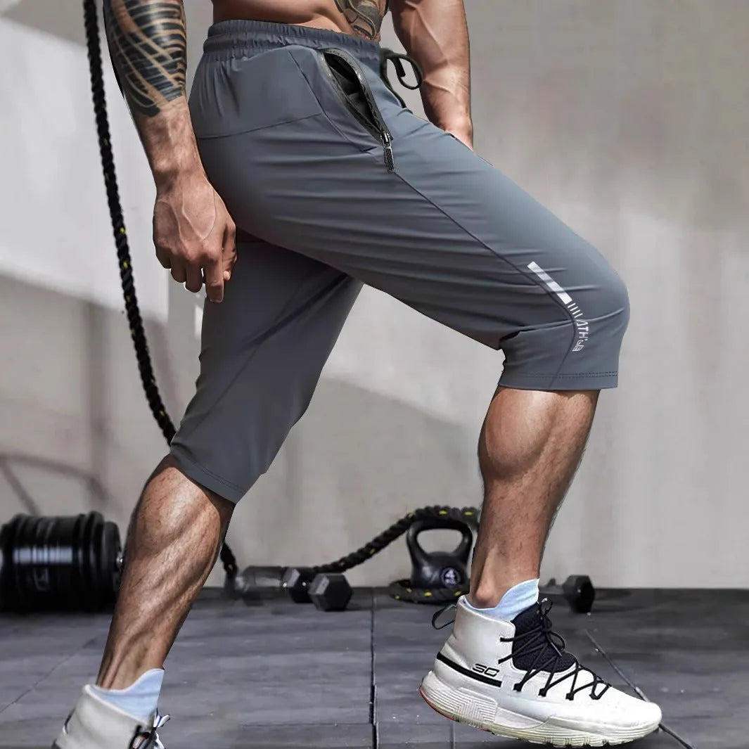Men's ice silk sports casual pants in straight cut cropped design with high elasticity nylon fabric
