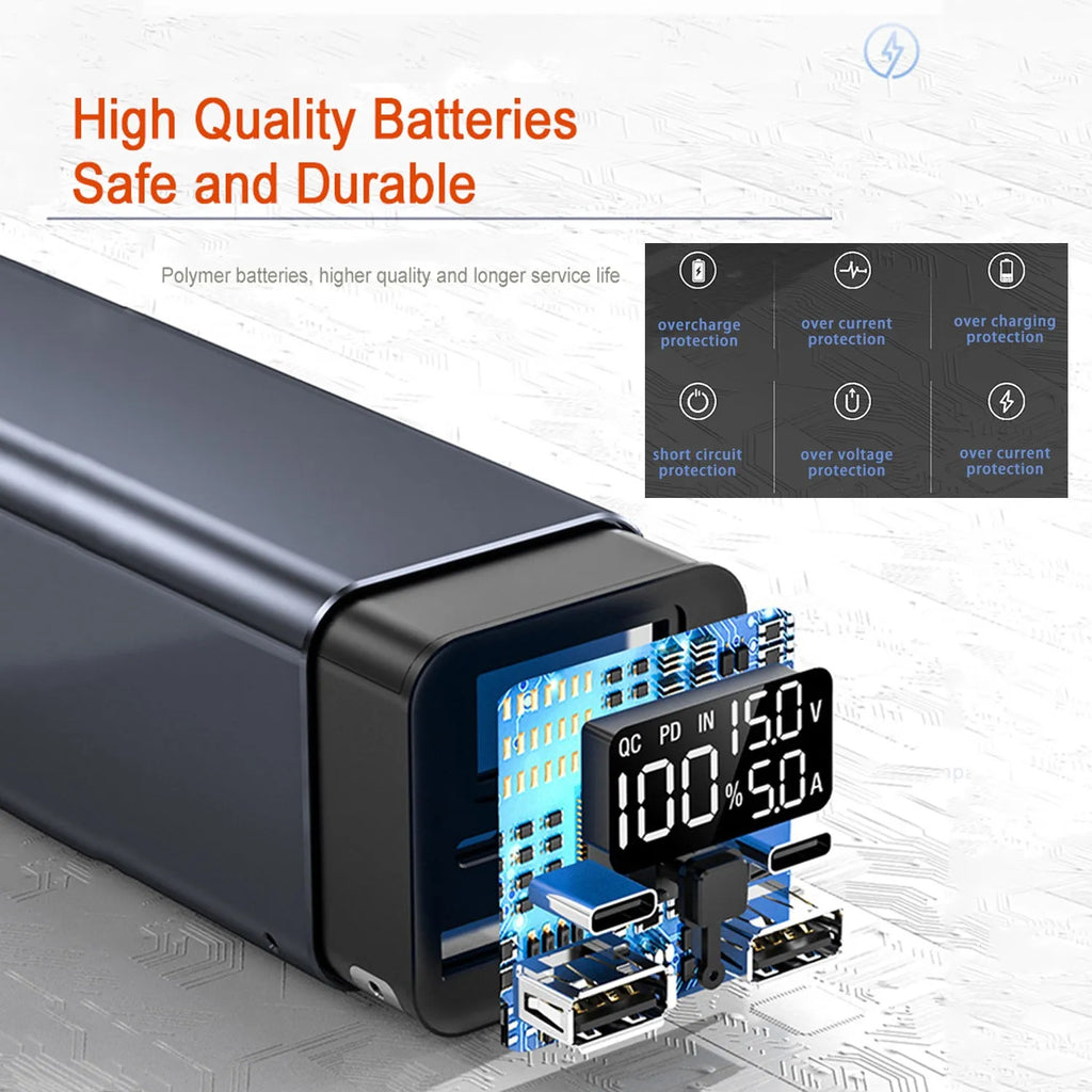 Black aluminium alloy 65W power bank with 20000mAh capacity for laptop charging, shown next to a charging cable.