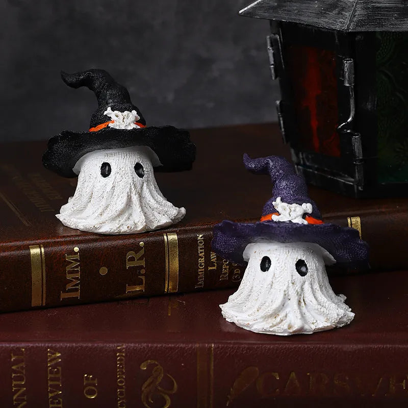 A detailed resin wizard hat ornament in either black or purple, for Halloween and holiday decoration.
