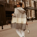 Women's hooded knit cardigan coat in pink or grey with colour matching pattern, long sleeves, loose fit, 65cm length