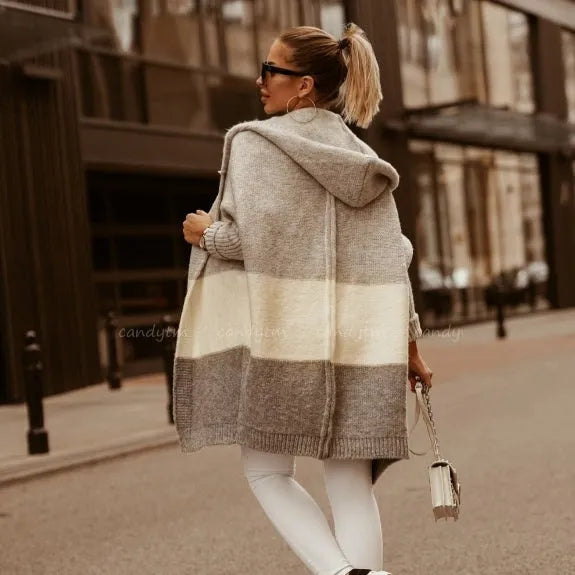 Women's hooded knit cardigan coat in pink or grey with colour matching pattern, long sleeves, loose fit, 65cm length