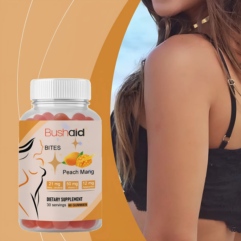 BUSHAID Tanning Gummy Candies dietary supplement bottle showing 60 vegan soft gummies with astaxanthin.