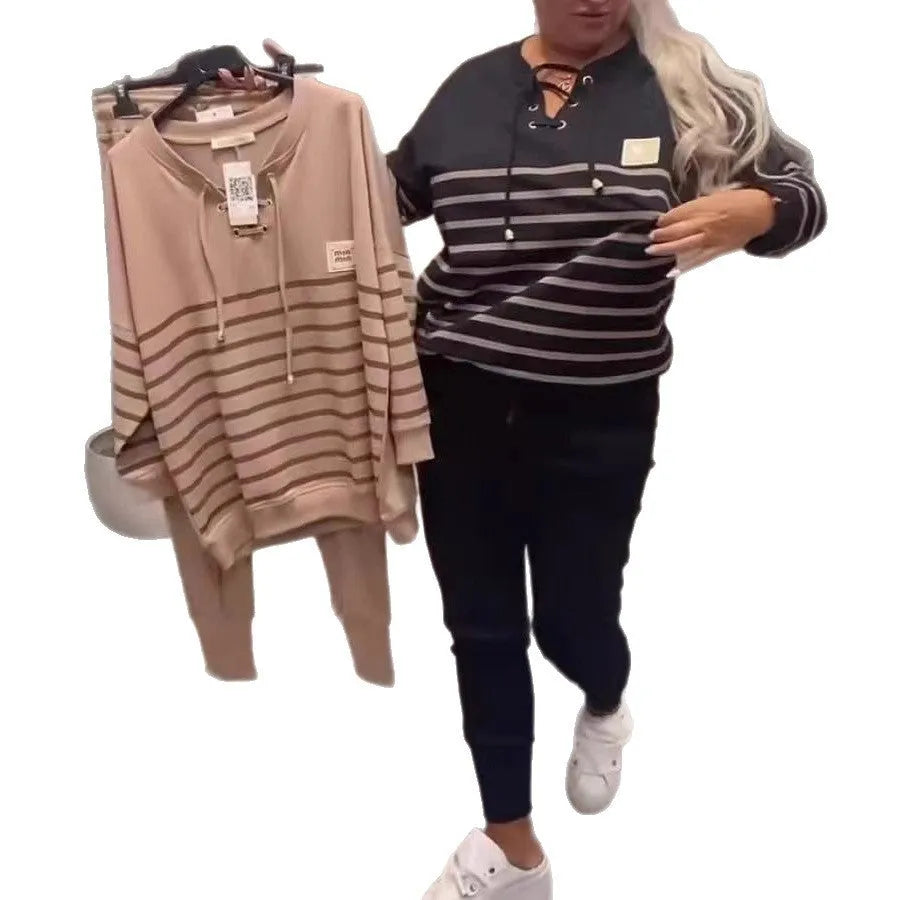 Women's striped two-piece sweatshirt and sweatpants set in black or khaki, loose long sleeve casual outfit, sizes S to XXXL