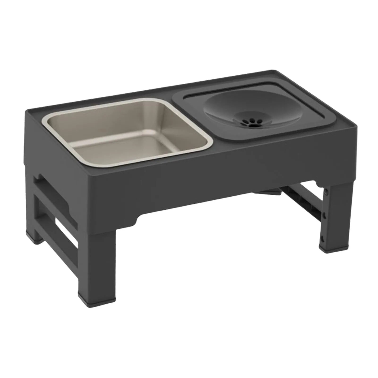 Adjustable height elevated dog bowl stand with slow feeder and water bowl in black