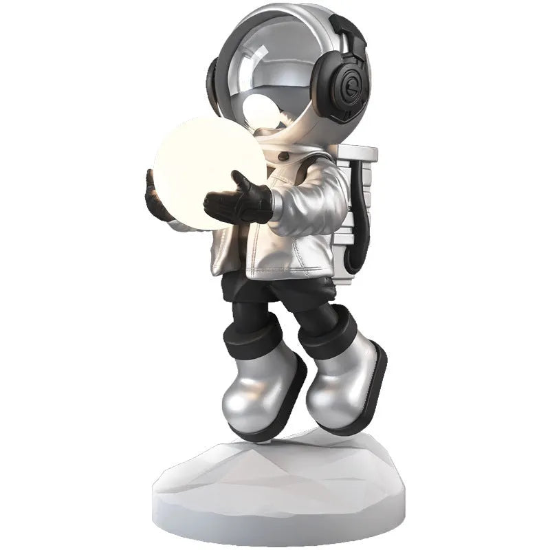 Large floor-to-ceiling astronaut decoration light in Silver finish with 18cm lunar lamp and plastic construction