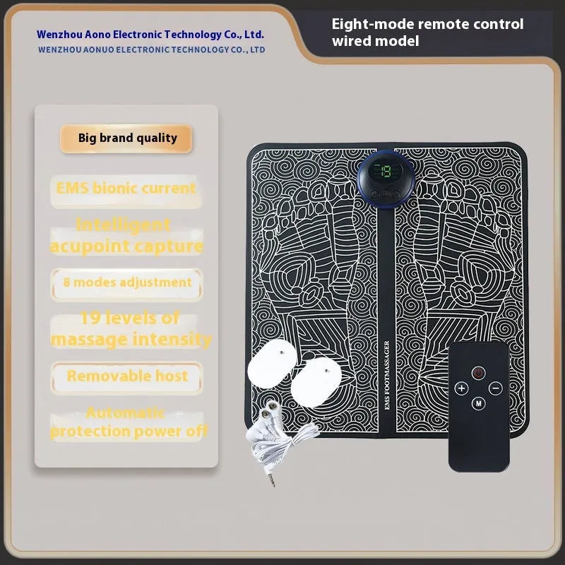Blue rechargeable reflexology foot massager mat with remote control and USB charging cable