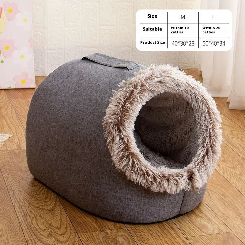 Grey fleece-lined enclosed cat sleeping bag bed for pets in a cage.