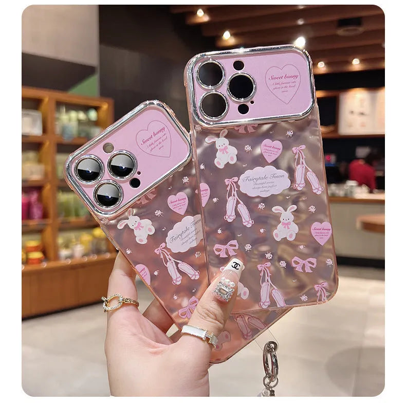 Pink frosted rabbit print silicone phone case with wristband lanyard for iPhone