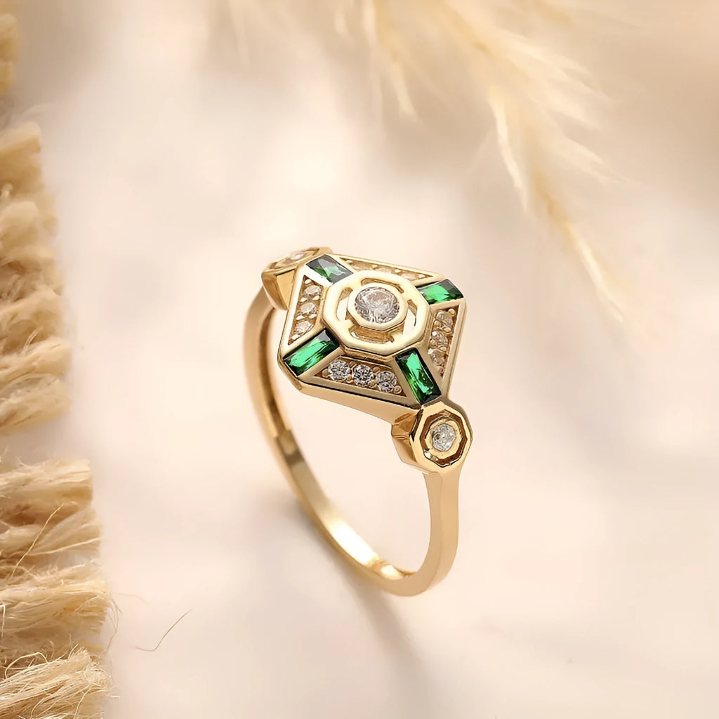 Square ins style women's ring with a lvzuan gemstone on a geometric electroplated band.
