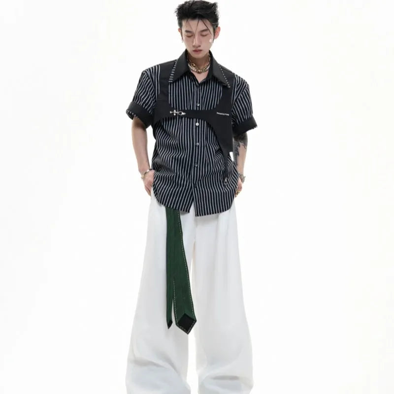 Men's black and white striped cotton shirt with double collar lapel design and short sleeves
