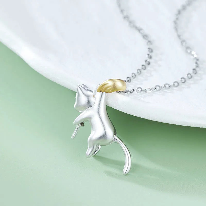 Sterling silver clavicle chain necklace with cat pendant, electroplated 925 silver jewellery