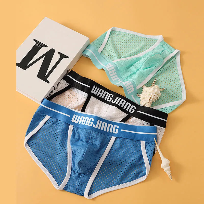 Men's mesh breathable triangle underwear in Ice Silk fabric showing quick-drying sports design in multiple colour options