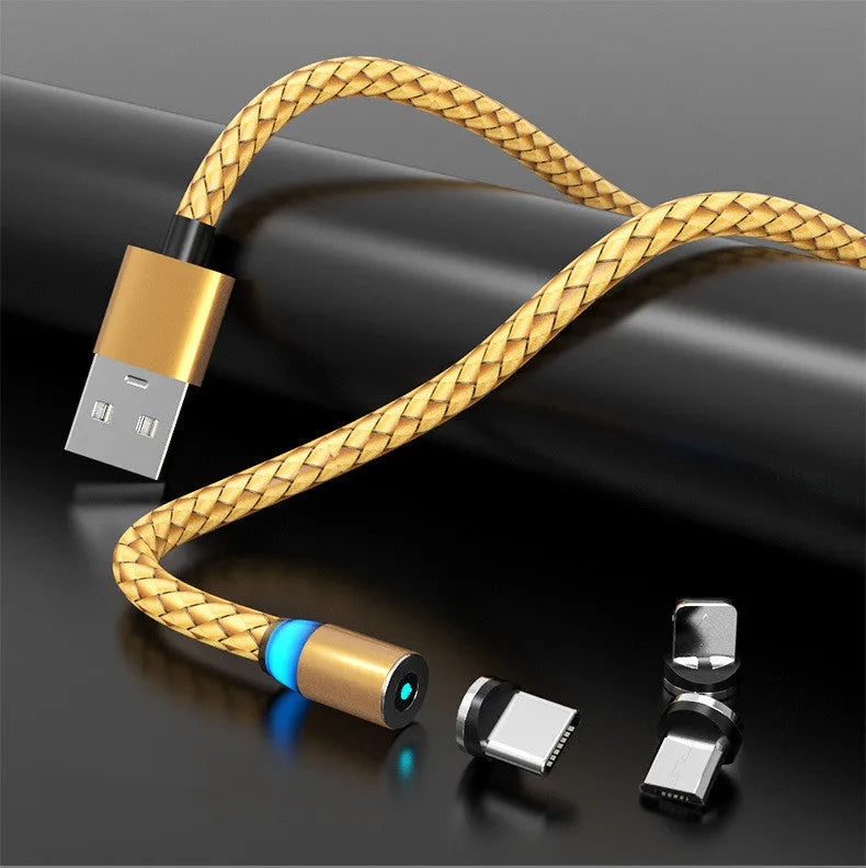Magnetic charging cable with LED light showing black cable and silver magnetic tips for iPhone and Android phones