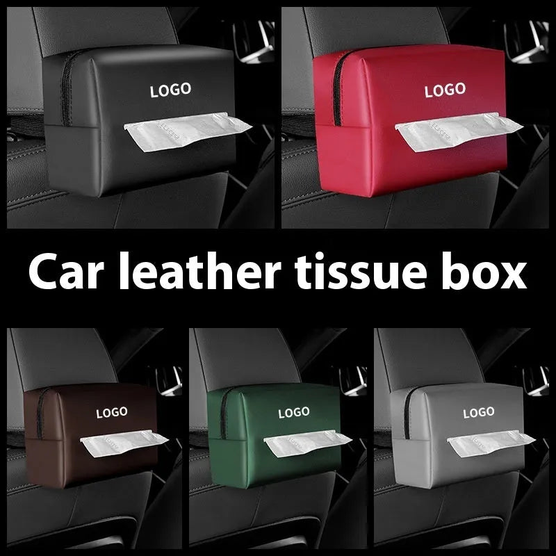 Leather car tissue paper extraction box 18cm x 12.5cm x 9cm in Black, Dark Green, Gray, Mocha brown, or Red with optional car logo.