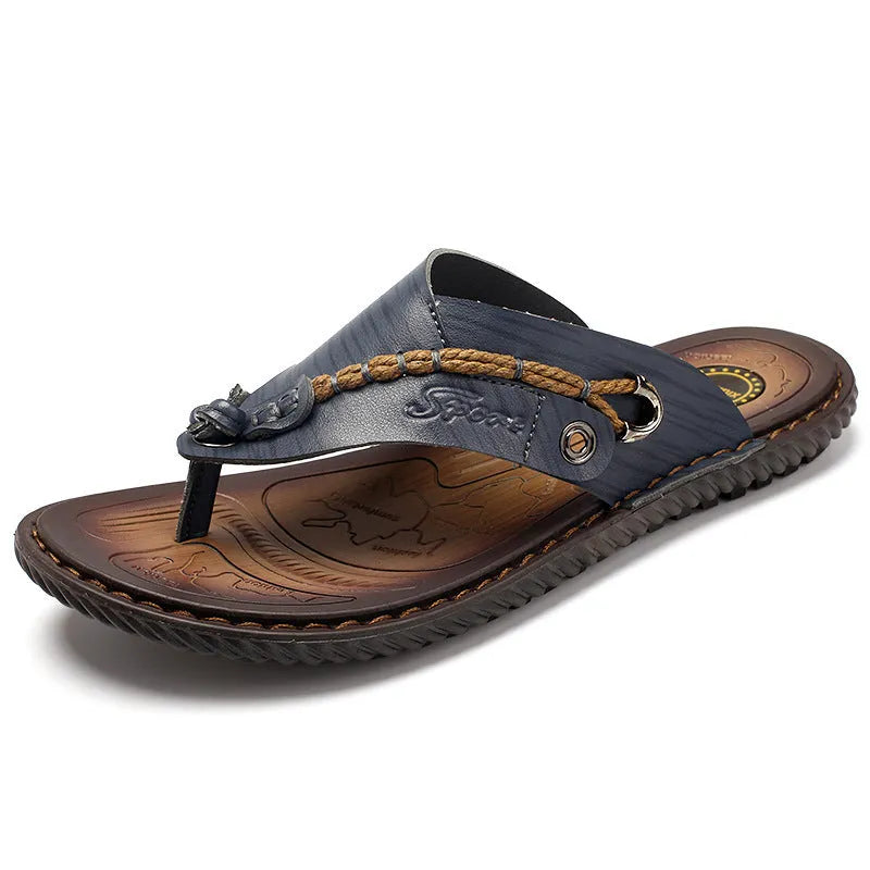 Men's black PU leather casual slippers with non-slip sole on a plain background