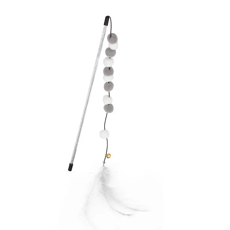 31cm cat teaser rod with bell and coloured pompon feather toys for interactive play