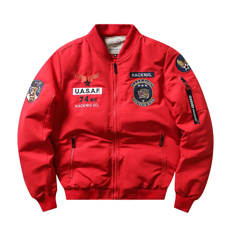 Men's slim-fit black retro motorcycle-style cotton-padded coat with stand collar and embroidery.
