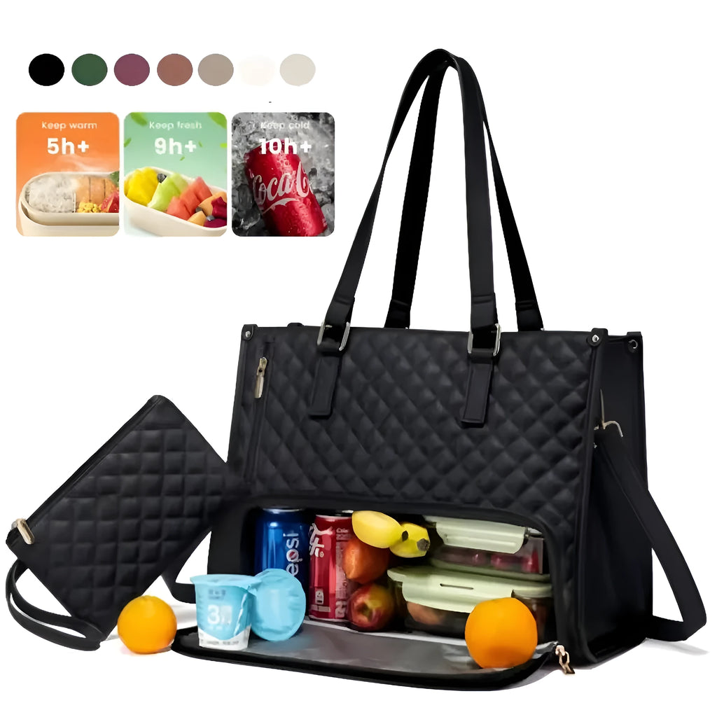 Women's insulated lunch bag in khaki with shoulder strap, 42x30x18cm, leak-proof polyester lining, lying flat showing top opening and side pocket