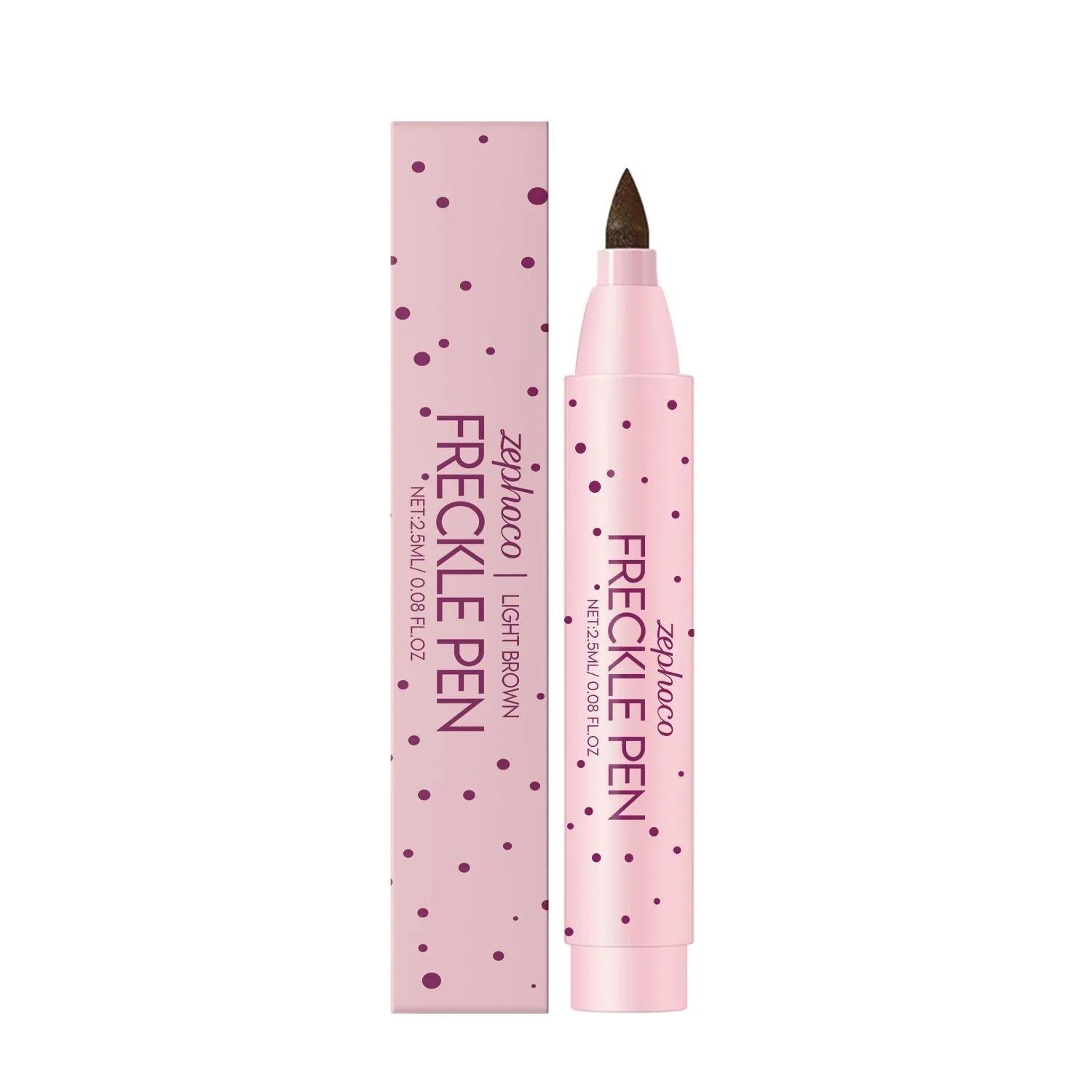 Freckle Pen cosmetic makeup tool for applying faux freckles in dark brown and light brown.