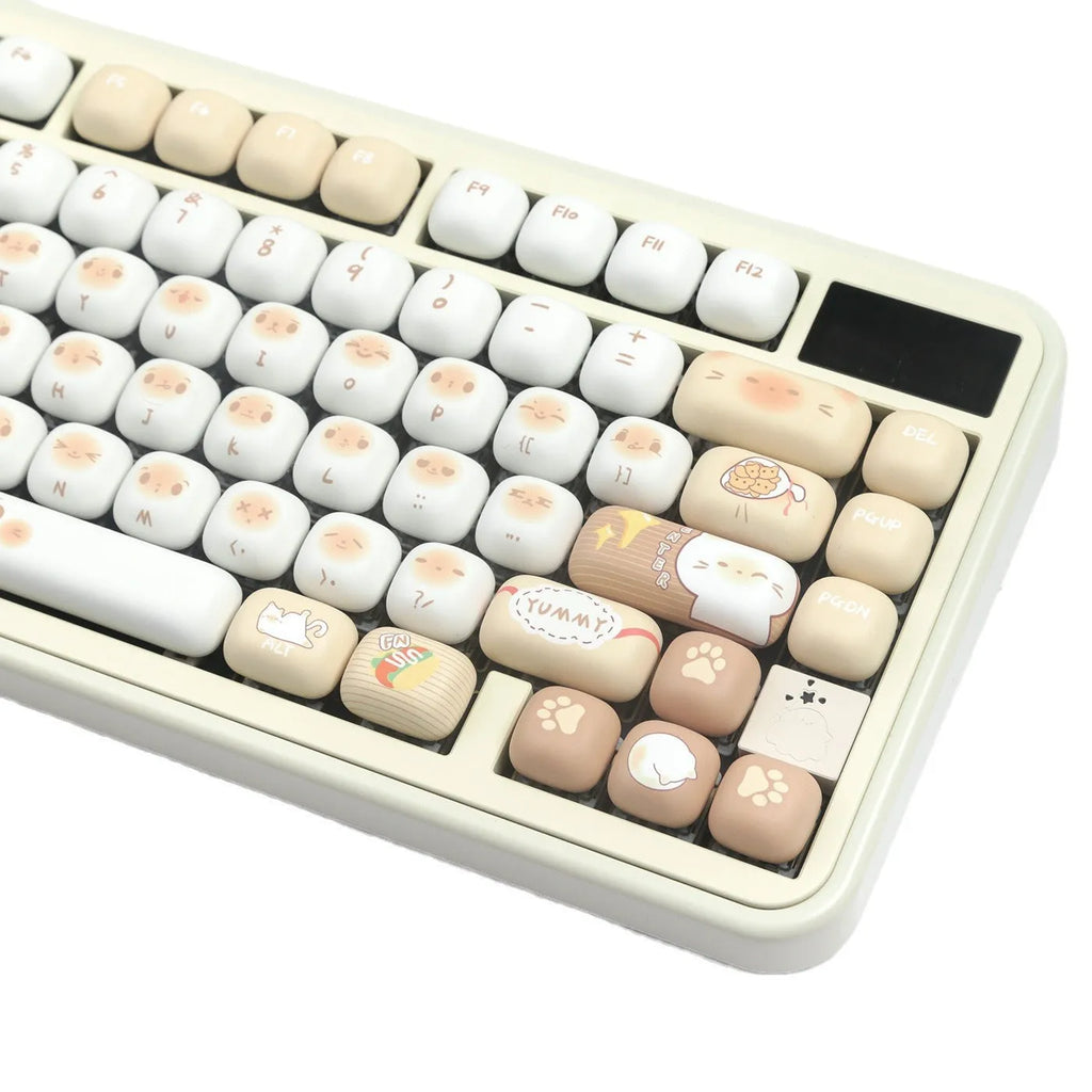 Steamed bread character march past design on a set of white PBT 7u keyboard key caps.
