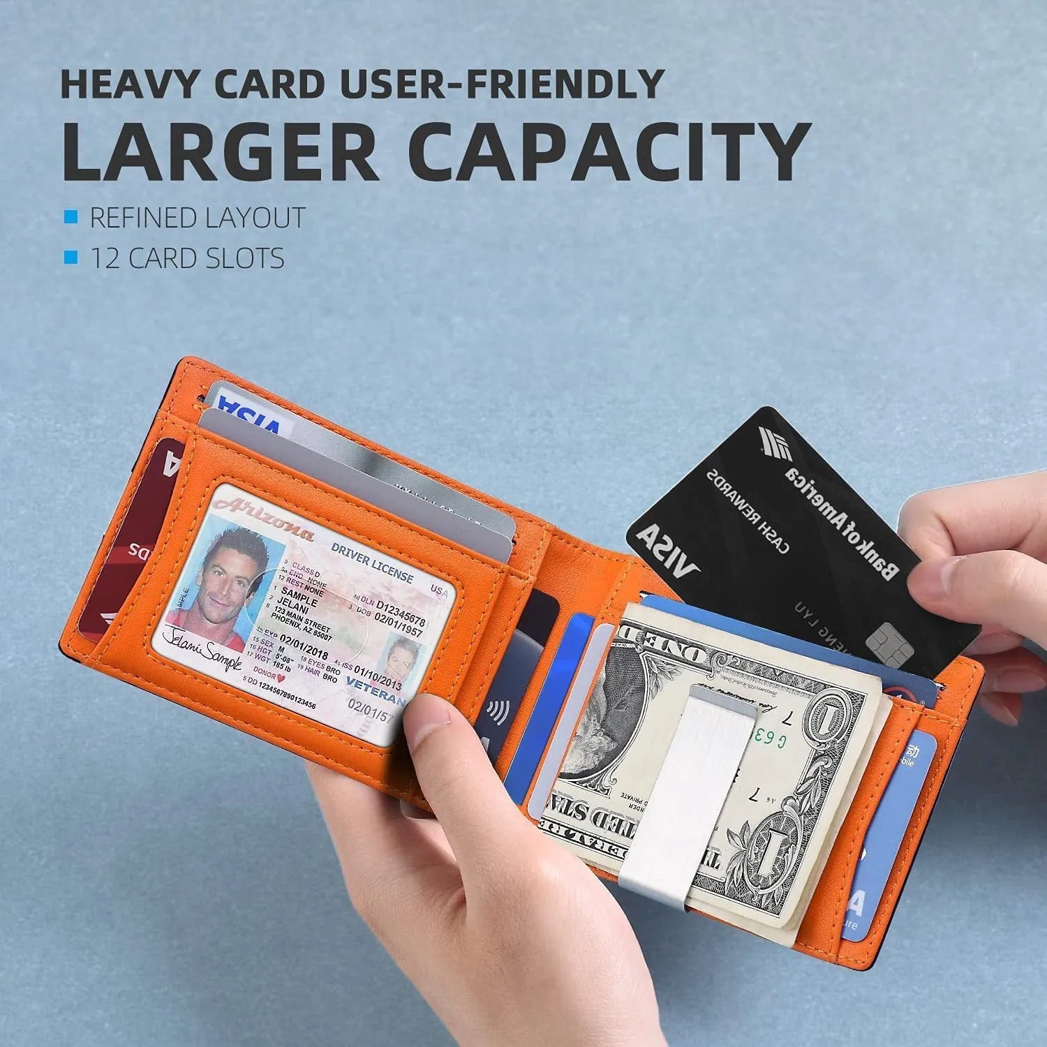 PU leather anti-theft card holder in carbon fibre black with multiple card slots.