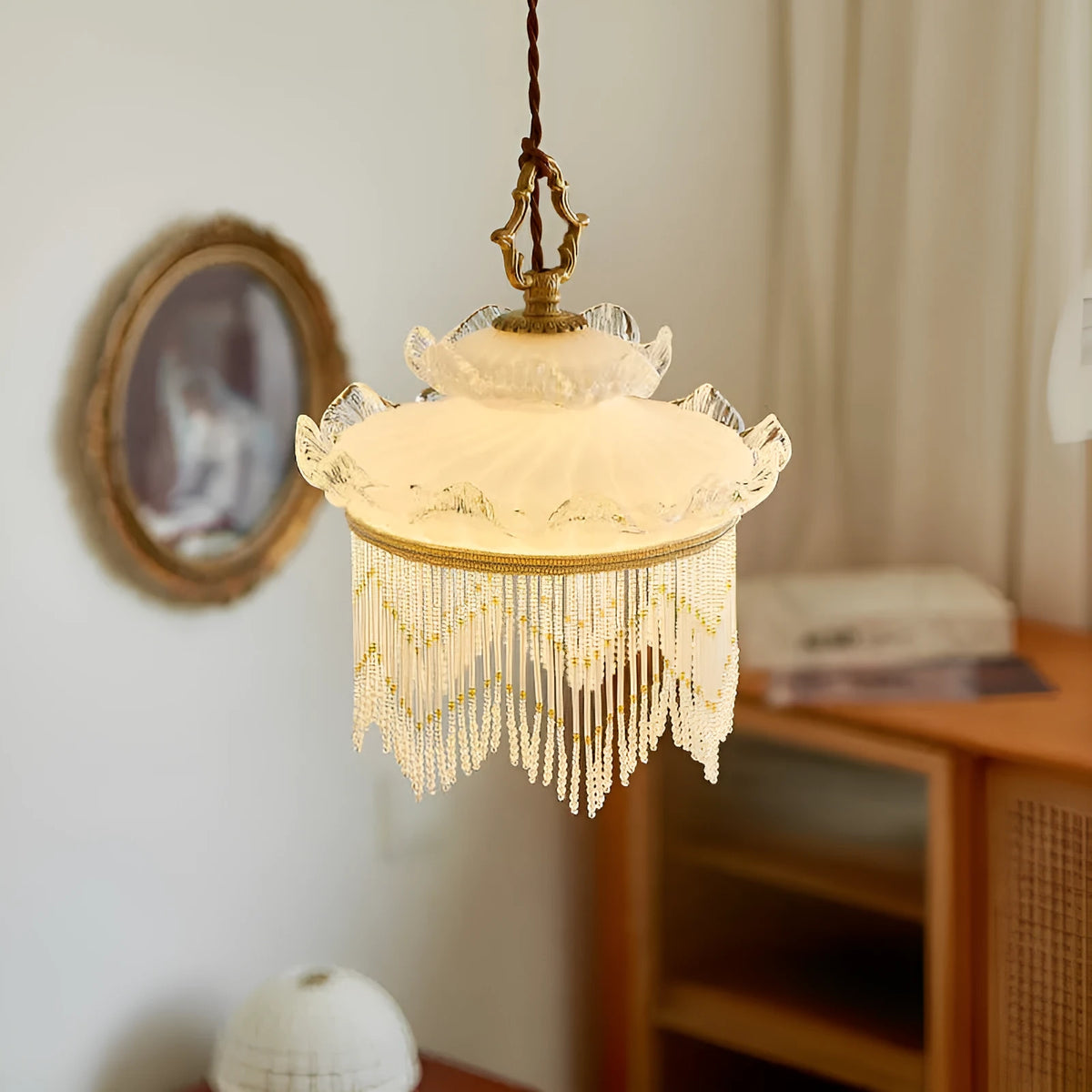 Tassel glass chandelier with copper lamp body, glass lampshade, and LED light source for dining room or bedroom