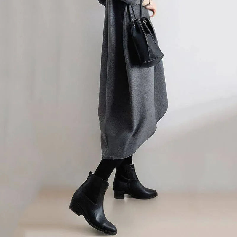 Loose oversized round neck patchwork dress for women, long flutter sleeves, high waist pencil skirt, grey or army green