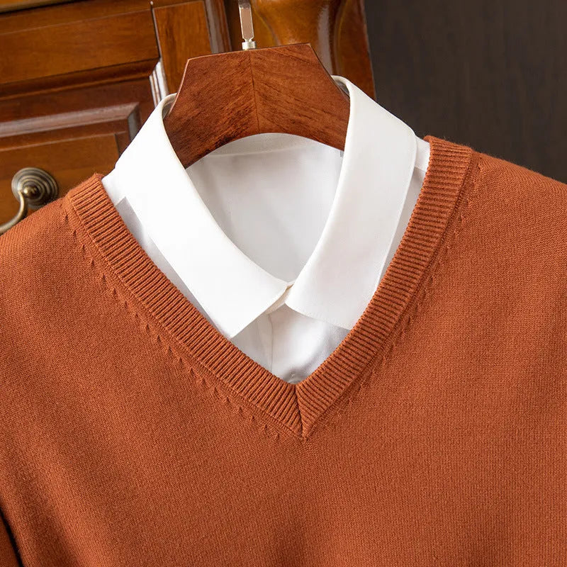 Men's knitted viscose-blend V-neck pullover sweater in light grey with ribbed hem