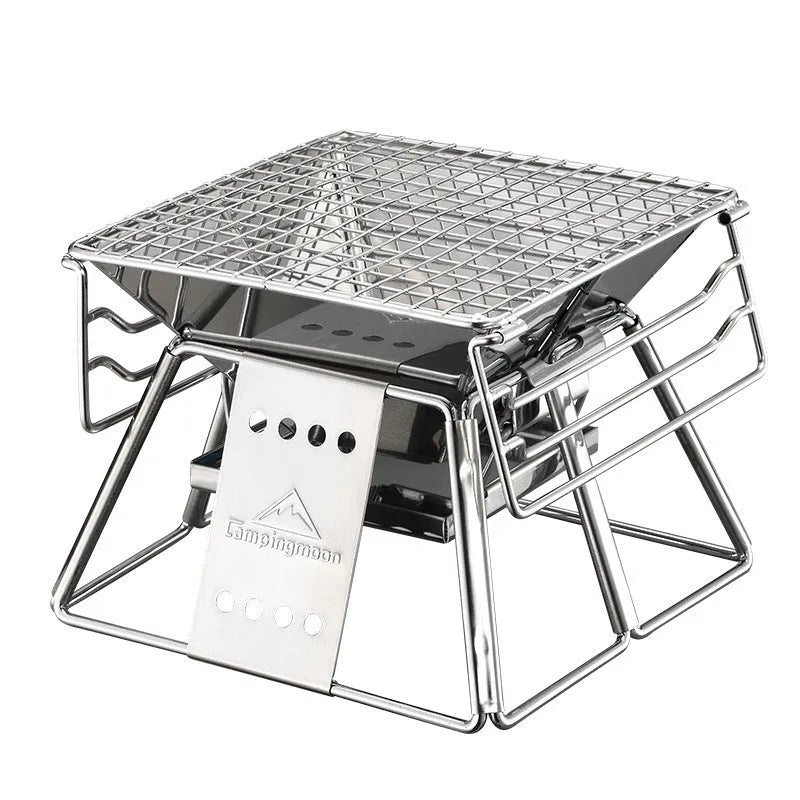 Silver portable folding stainless steel BBQ grill with adjustable height grilling net and carrying case for camping