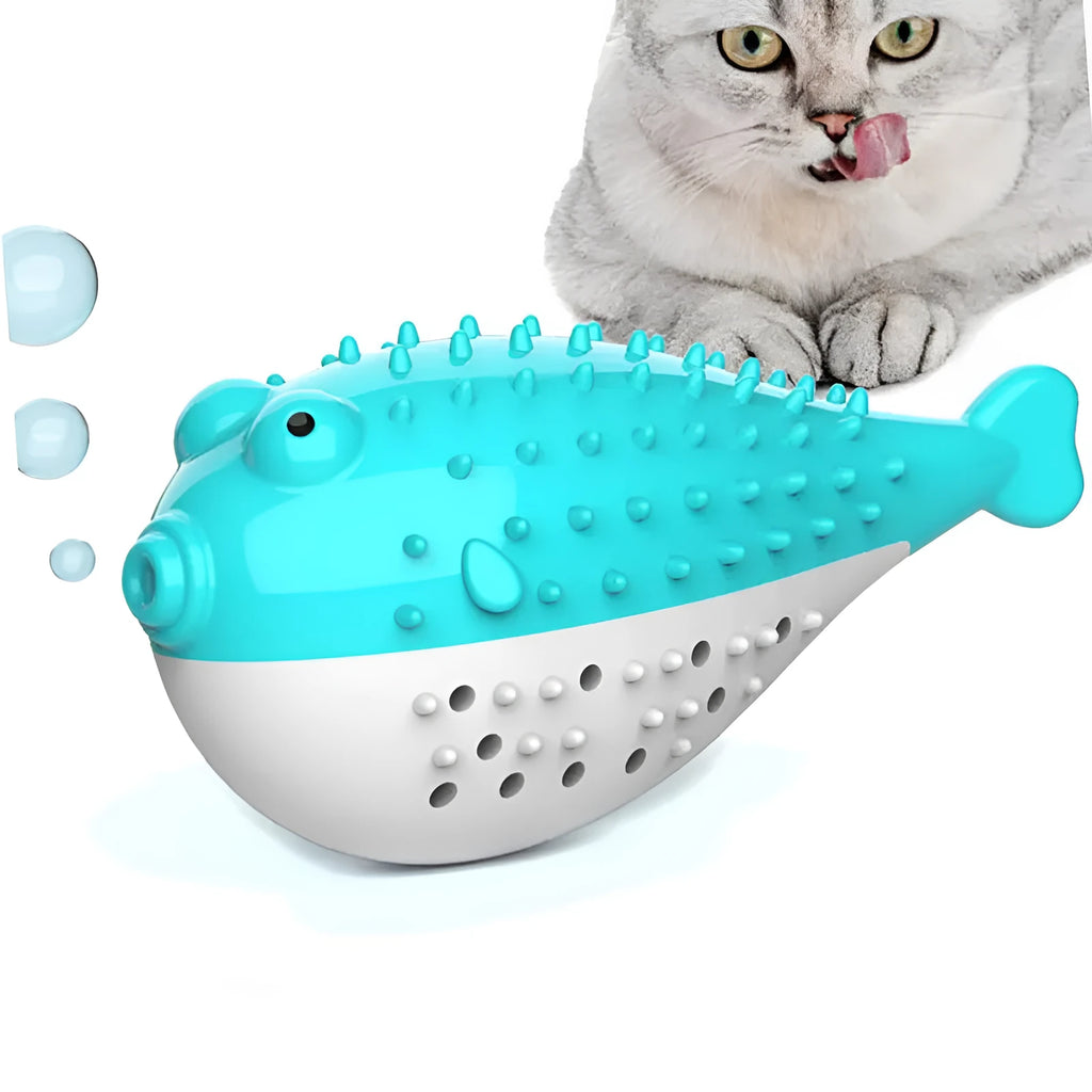 Mint Toys blue silicone fish-shaped cat chew toy with integrated toothbrush on a white background.