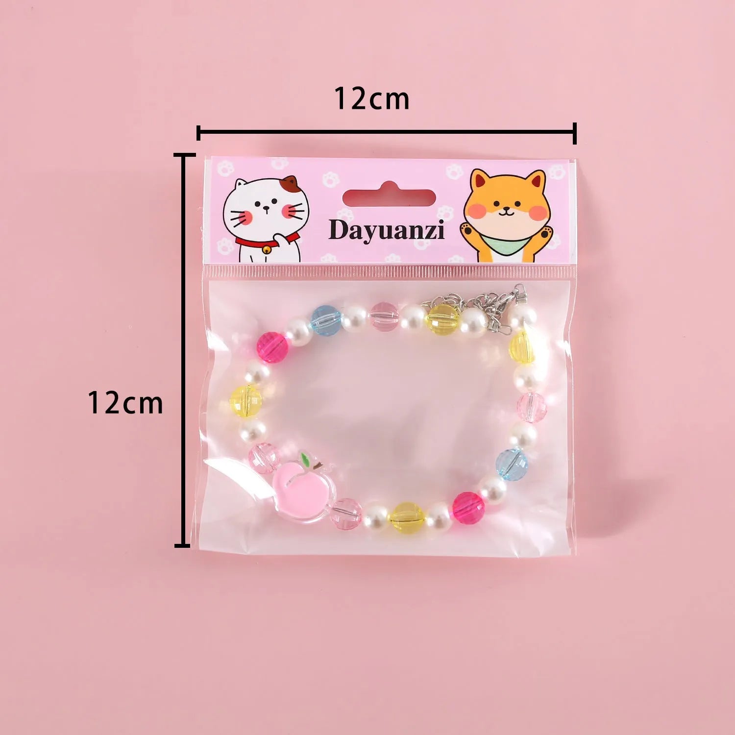 Colourful plastic pearl bead cat collar necklace showing rainbow, peach and small flower design options