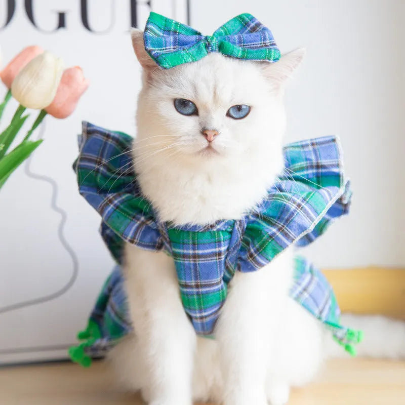 Red tartan Christmas skirt with bow tie and head flower on a dog, showing universal pet festive clothing.