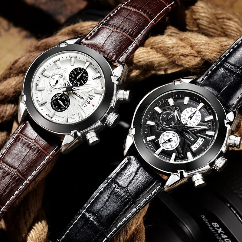 Men's brown and white three-eye chronograph quartz watch with luminous hands