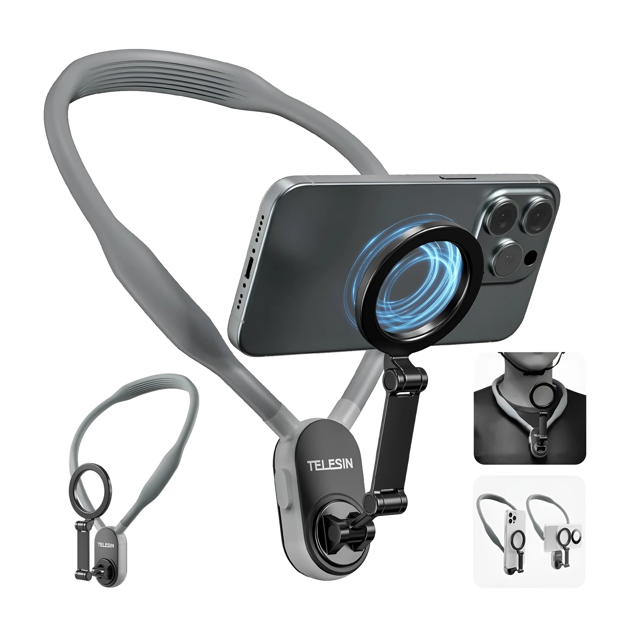 Silicone magnetic phone neck mount with quick release bracket showing gray colour option