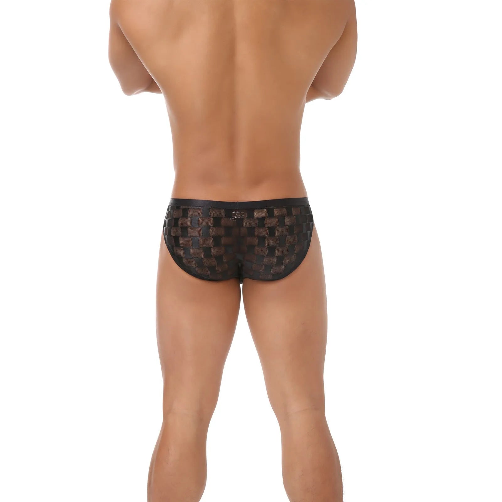 Men's black and white plaid mesh briefs with U-convex design on a flat lay