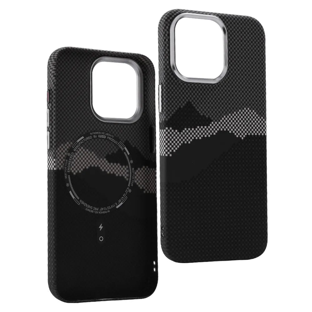 Kevlar magnetic carbon fiber texture phone case for iPhone 13-15 in black with MagSafe support