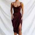 Satin split skirt dress in high waist design with sleeveless mid-length cut available in multiple solid colours