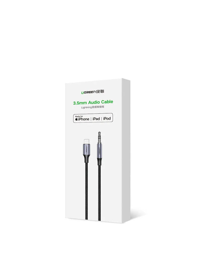 Black braided Apple Lightning to 3.5mm audio adapter cable with aluminium connectors for car use.