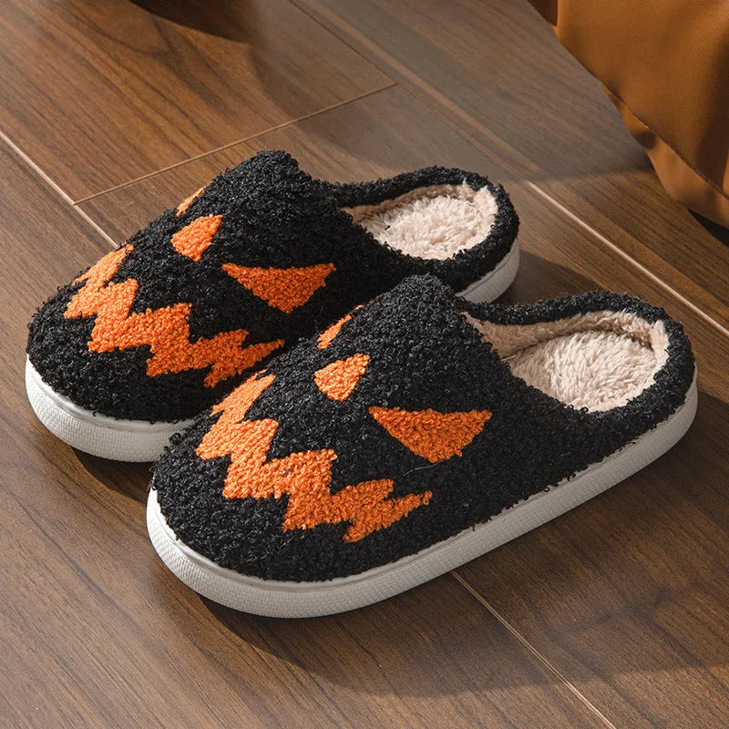 Halloween couple slippers with Lightning Ghost Face embroidery in black and orange on suede upper