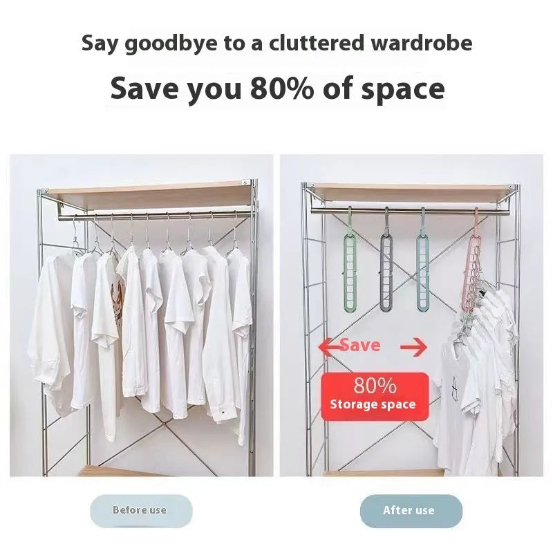 Plastic nine-hole folding clothes hanger for trousers in green, blue, pink, beige, and grey colour options.
