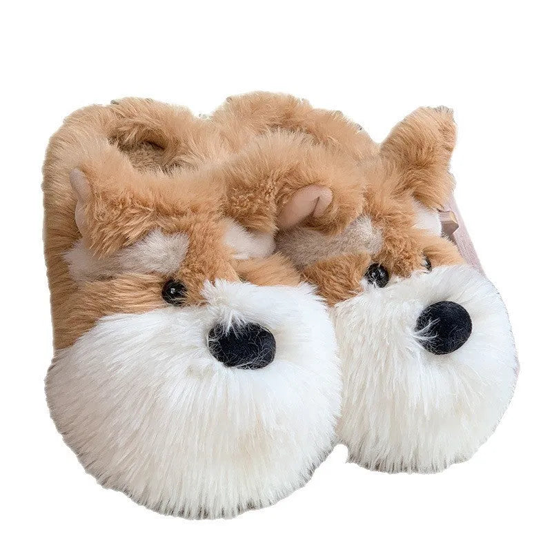 Cartoon Schnauzer puppy plush slippers for men and women flat heel indoor shoes