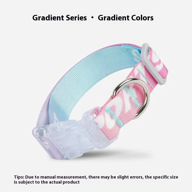A cartoon gradient print adjustable nylon dog collar shown in sizes S, M, and L for small to large dogs.