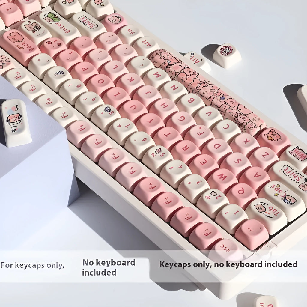 Pink PBT mechanical keyboard key cap with a detailed fragrant pig character design on all sides.