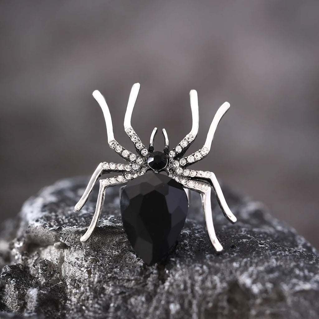 Halloween spider ring with rhinestone inset, alloy open ring for women, four colour options