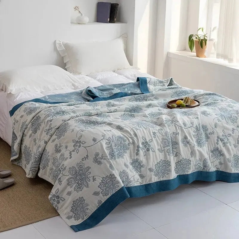 Five-layer pure cotton gauze bed sheet blanket in Roulette Wheel Blue pattern